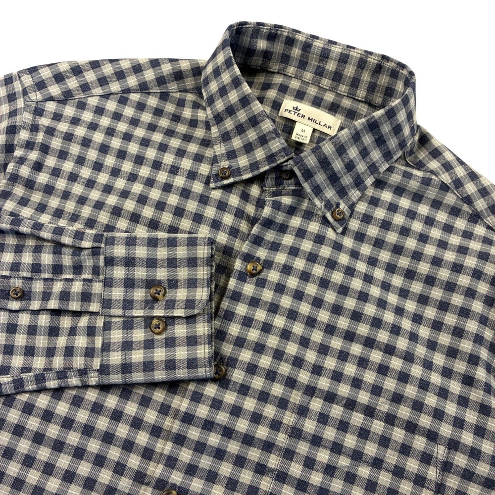 Peter Millar Mens Medium Navy Blue Gingham Check Button Down Long Sleeve Shirt